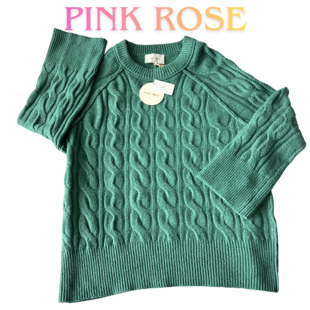 Pink‎ Rose Spruce Green Cable Knit Crewneck Sweater Size Large NWT - Picture 2 of 9